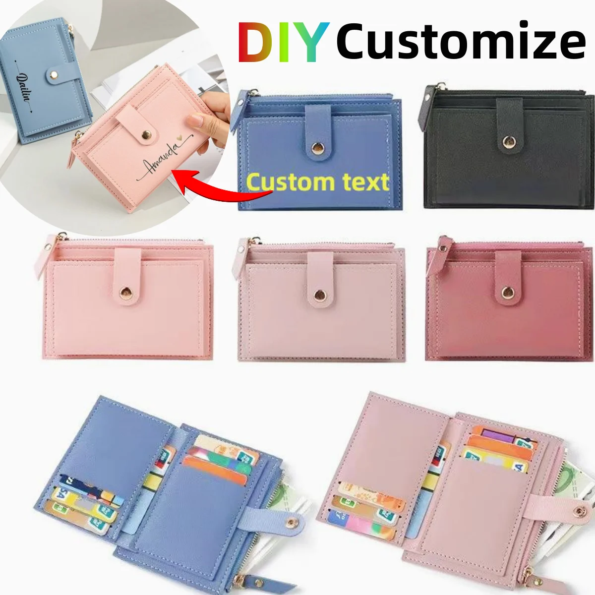 

Personalized Custom Name Fashion Women Wallets Leather Female Purse Mini Zipper Hasp Solid Multi-Cards Holder Coin Short Wallets