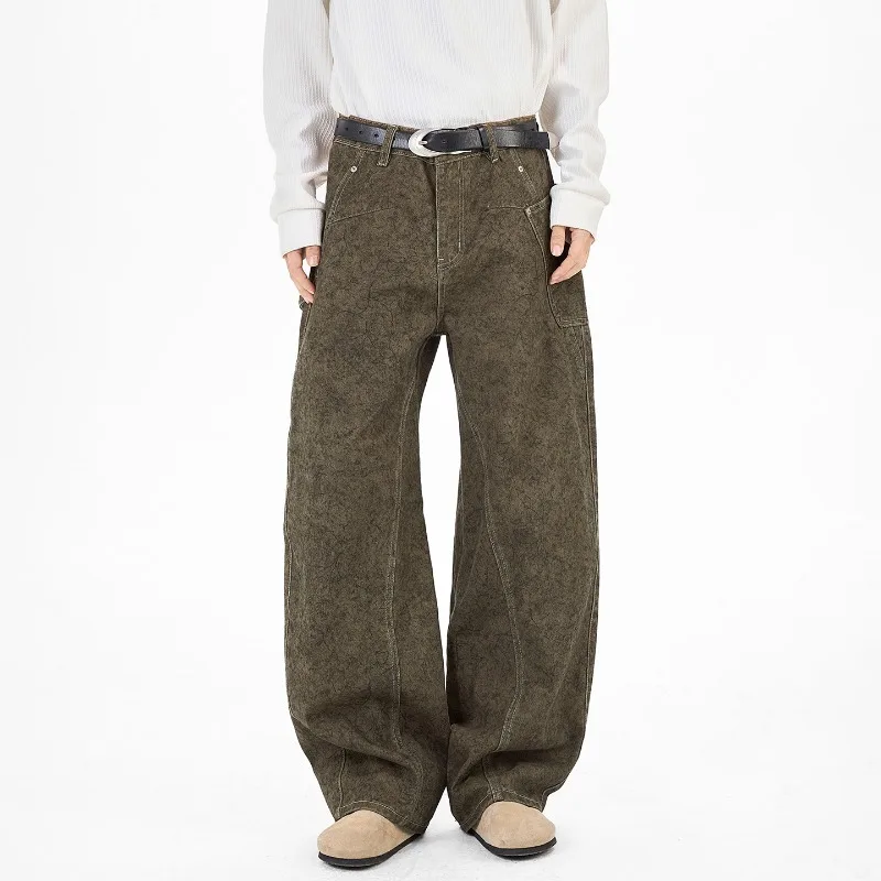 Pantalones vaqueros de trabajo para hombre, estilo americano, color verde caqui, informales, holgados, versátiles, pantalones largos de mezclilla, nuevos