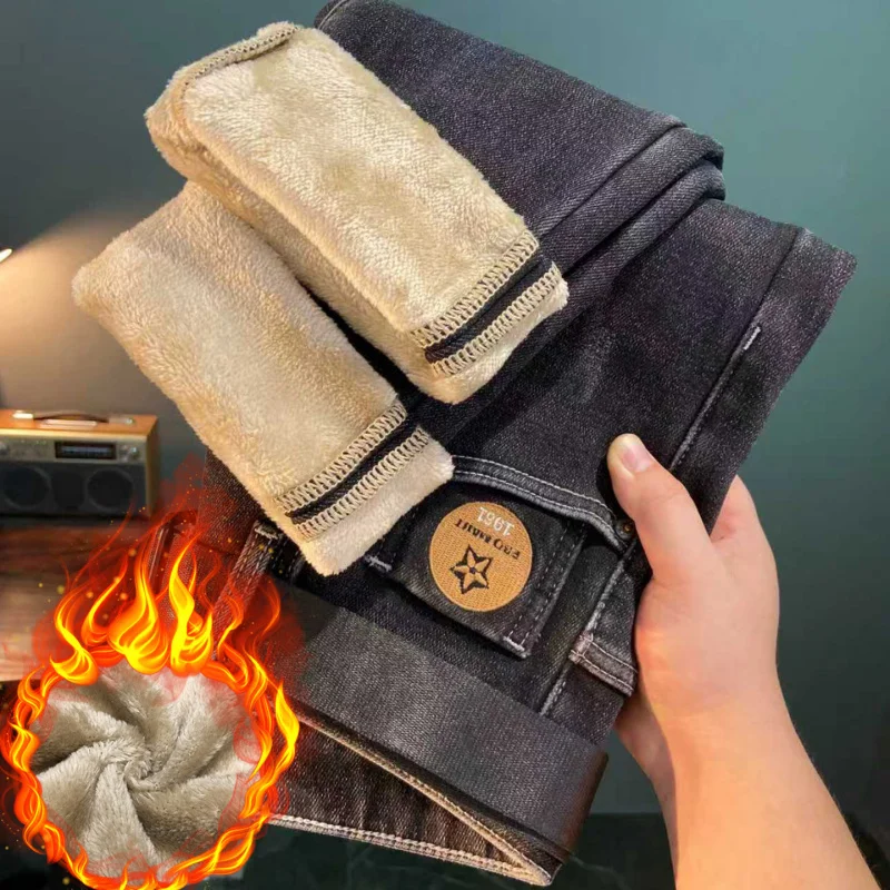 

2025 Winter Plush Thick Denim Men's Casual Simple Elastic Slim Fit Small Feet High end Fashion Warm Denim Pants