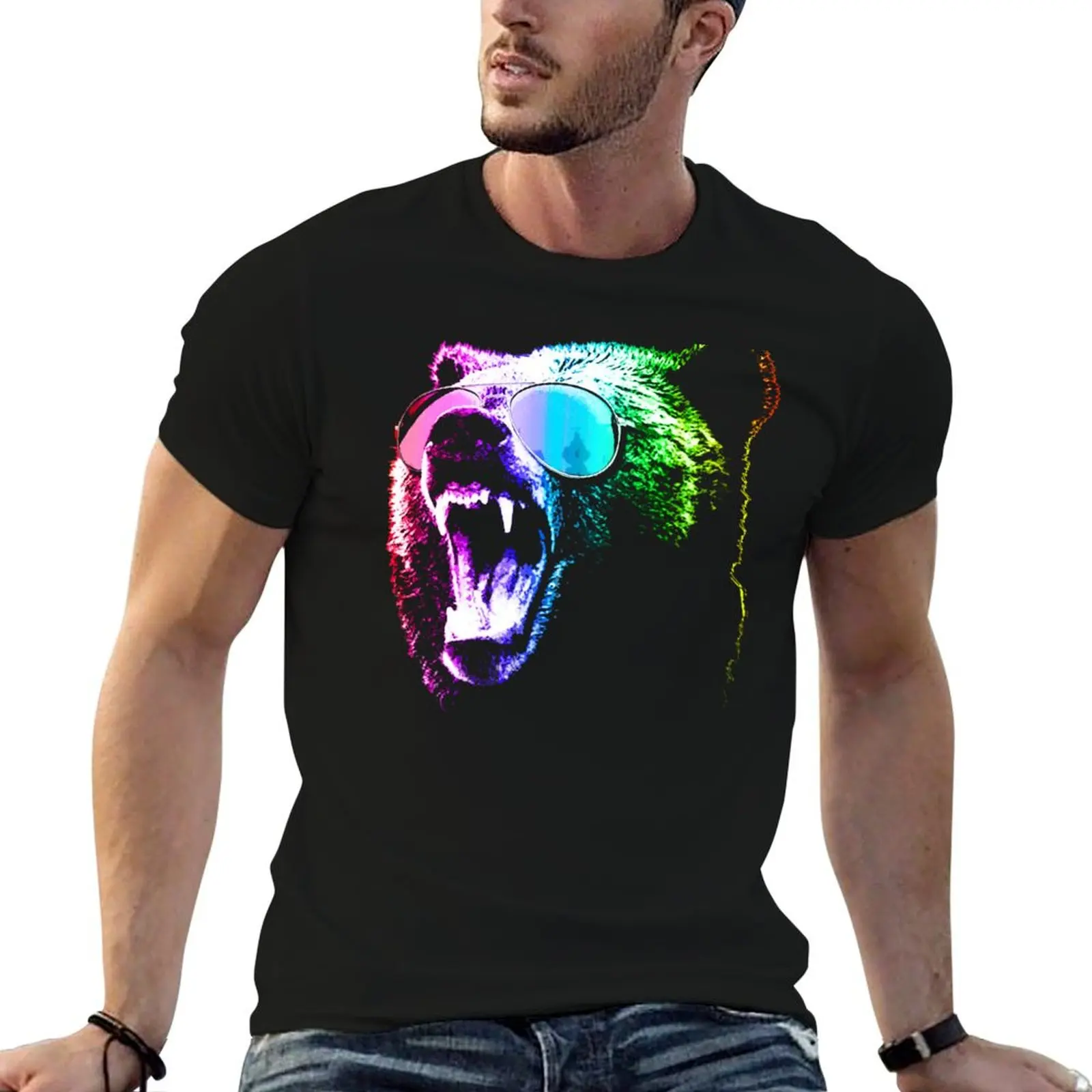 Rainbow Party Grizzly Bear T-Shirt Outdoor Work Short Sleeve Top