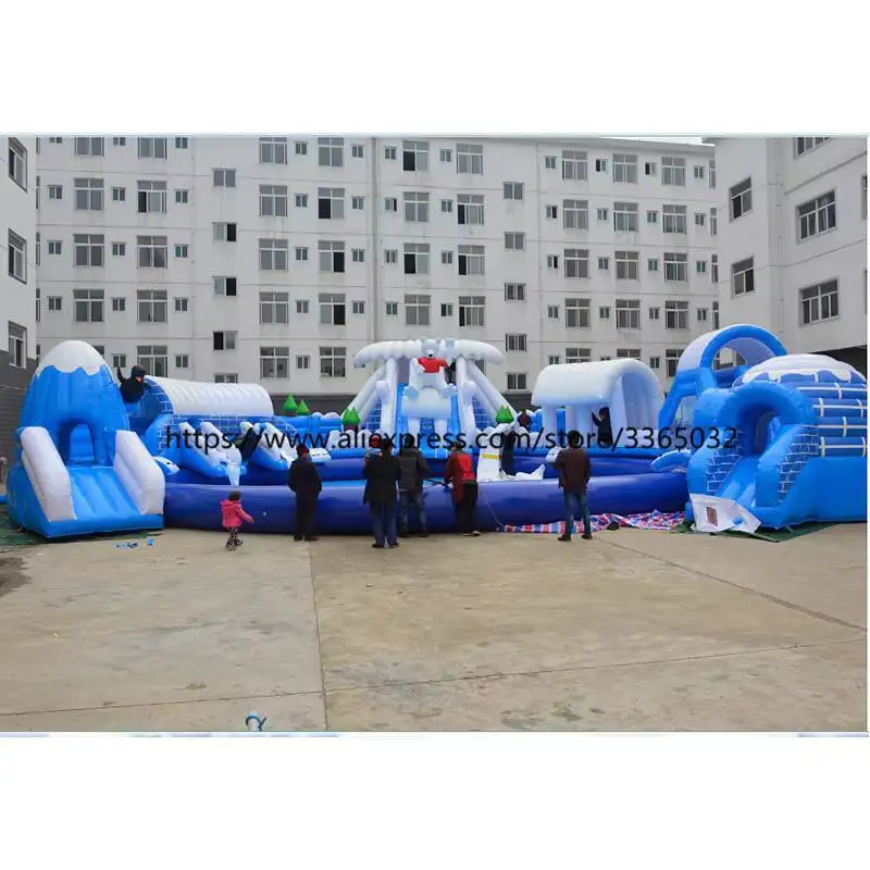 Commercial Outdoor Giant Inflatable Land Water Park, Inflatable Water Slide With Pool
