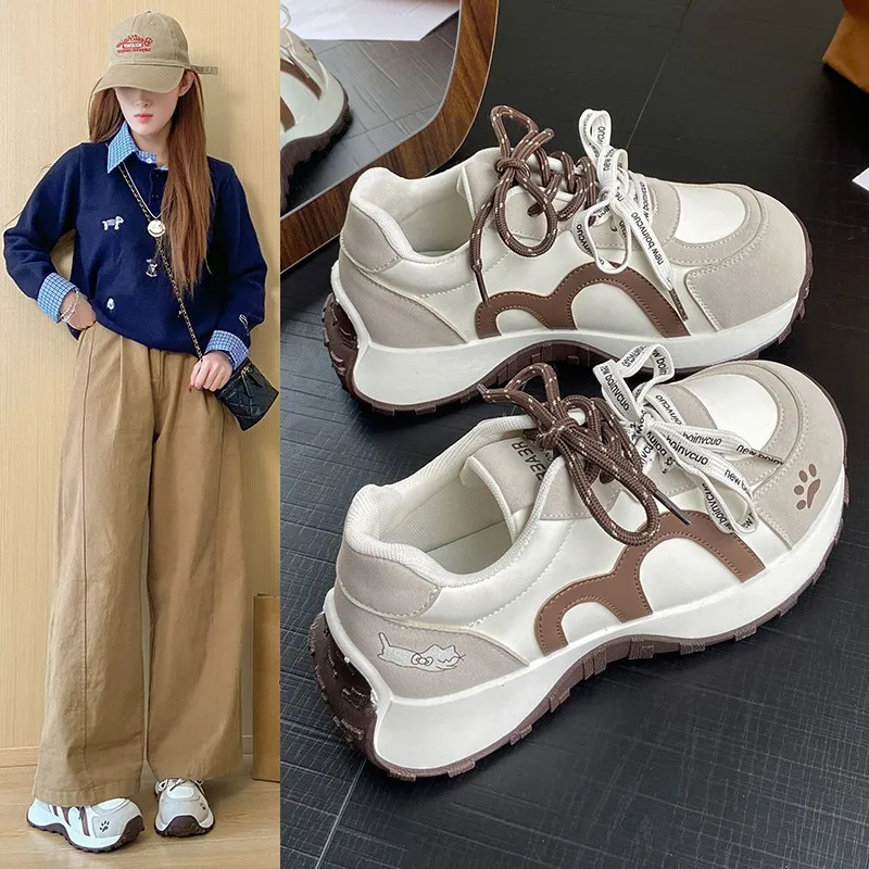 Women's Platform Sneakers Spring 2026 New Style Double Buckle Dad Shoes Casual Retro Korean Style Low Top Sports Shoes