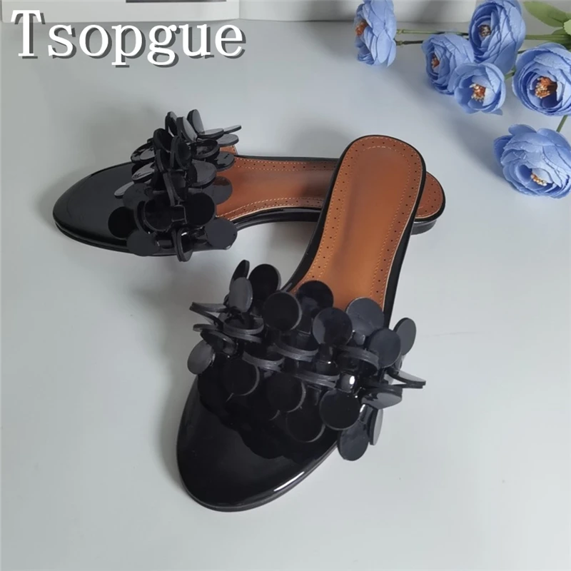 

Women's Black Patent Leather Flat Muules Shiny Sequin Decor Open Toe Casual Comfortable Slippers for Summer, Beach