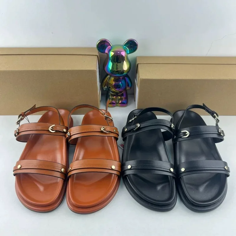 

Retro Brown Soft Leather Flat Slippers Women Fashion Rivet Buckle Decoration Slide Sandal Luxury Designer Shoes Zapatos De Mujer