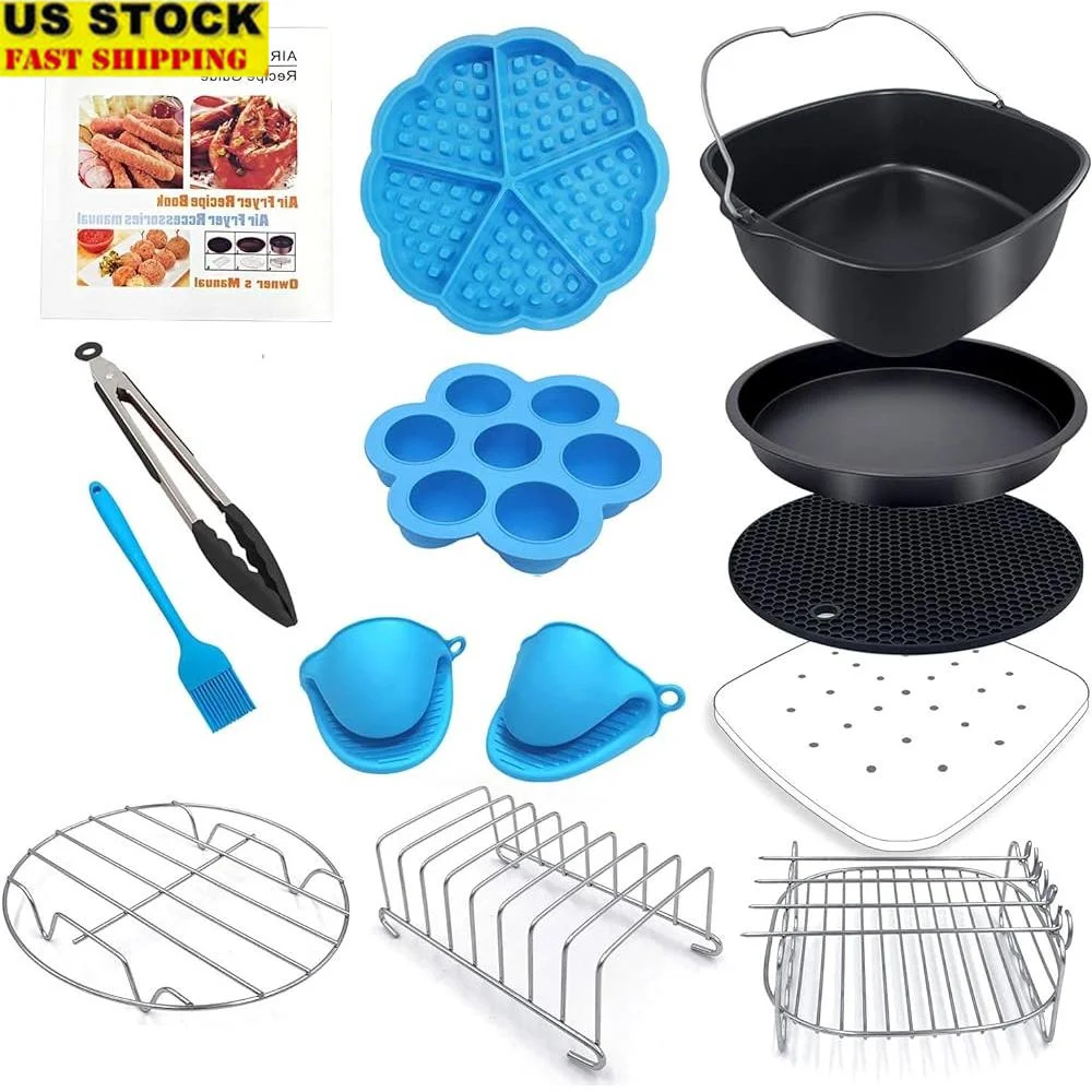 

12 Pcs Square Air Fryer Accessories Set with Recipe Cookbook Compatible with Most Brands Include Cake Pan Pizza Pan Skewer Rack