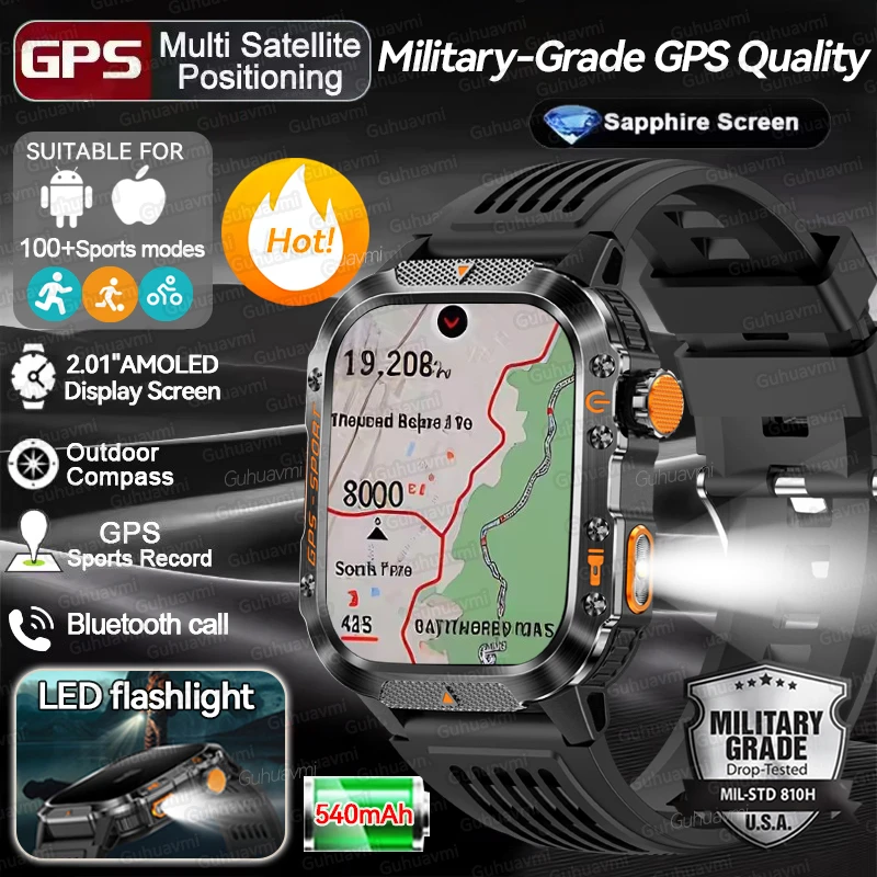 

2025 New Smart Watch 2.01" AMOLED Display Built-in Compass Altimeter Flashlight 100+Sport Modes 540mAh Voice Call Smartwatch Men