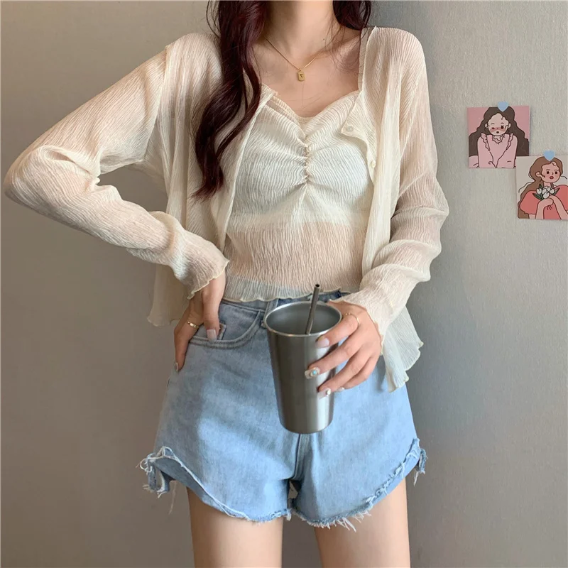 Boring Honey Fashion Women Blouses Suit Tops Cardigan Solid Colors Long Sleeves Thin Crop Tops Two-Piece Suit Women Clothing