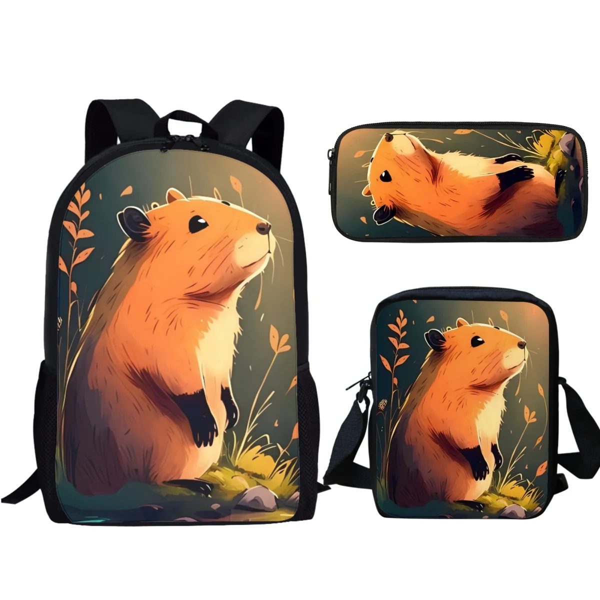 Animal Capybara Print School Bags para crianças, mochila de viagem, desenho animado, sacos para jardim de infância, presentes para meninos e meninas, moda, 3 pcs