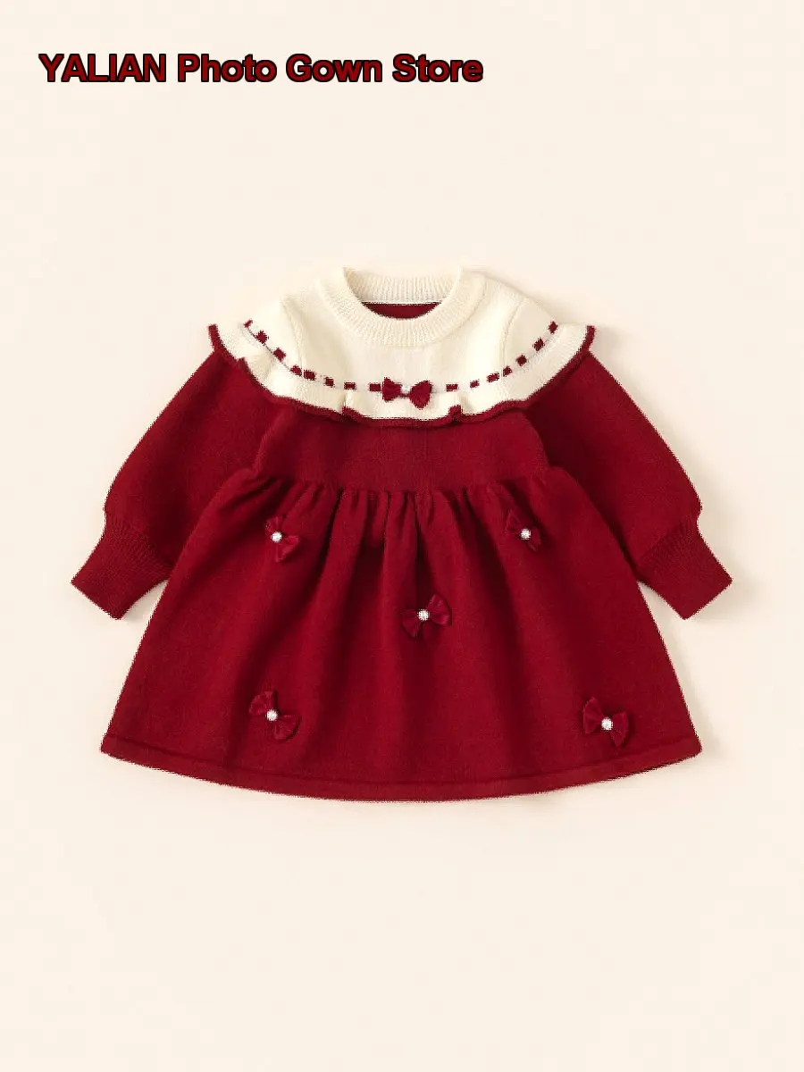 Girls Dress Kids Winter Festive New Year Thickened Warm Solid Color Elegant