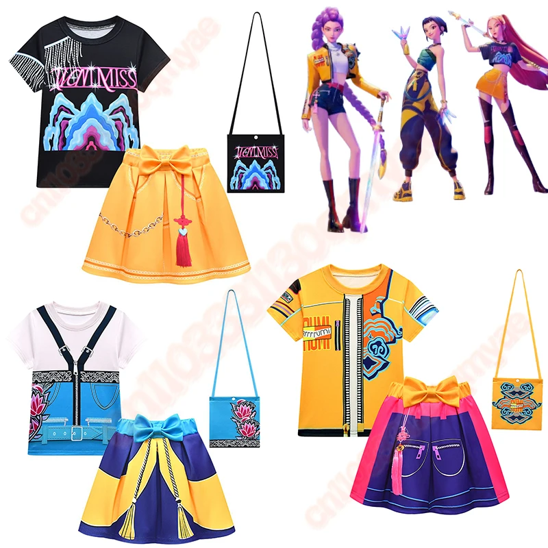 

K-Pop Demon Hunters Cosplay Costume Girls T-shirt + Dress set Kids Party Halloween Mira Rumi Zoey Clothes Children Girl Dress