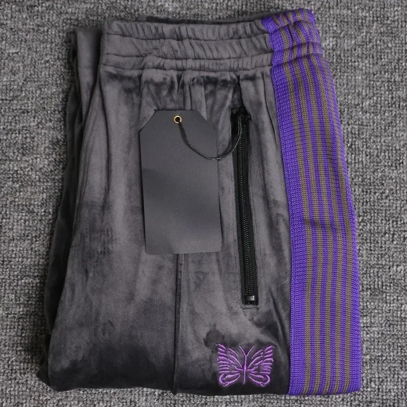 2025ss Butterfly Embroidery AWGE Velvet Pants Best Quality Jogger Drawstring Trousers Casual Purple Striped Pants With Tags