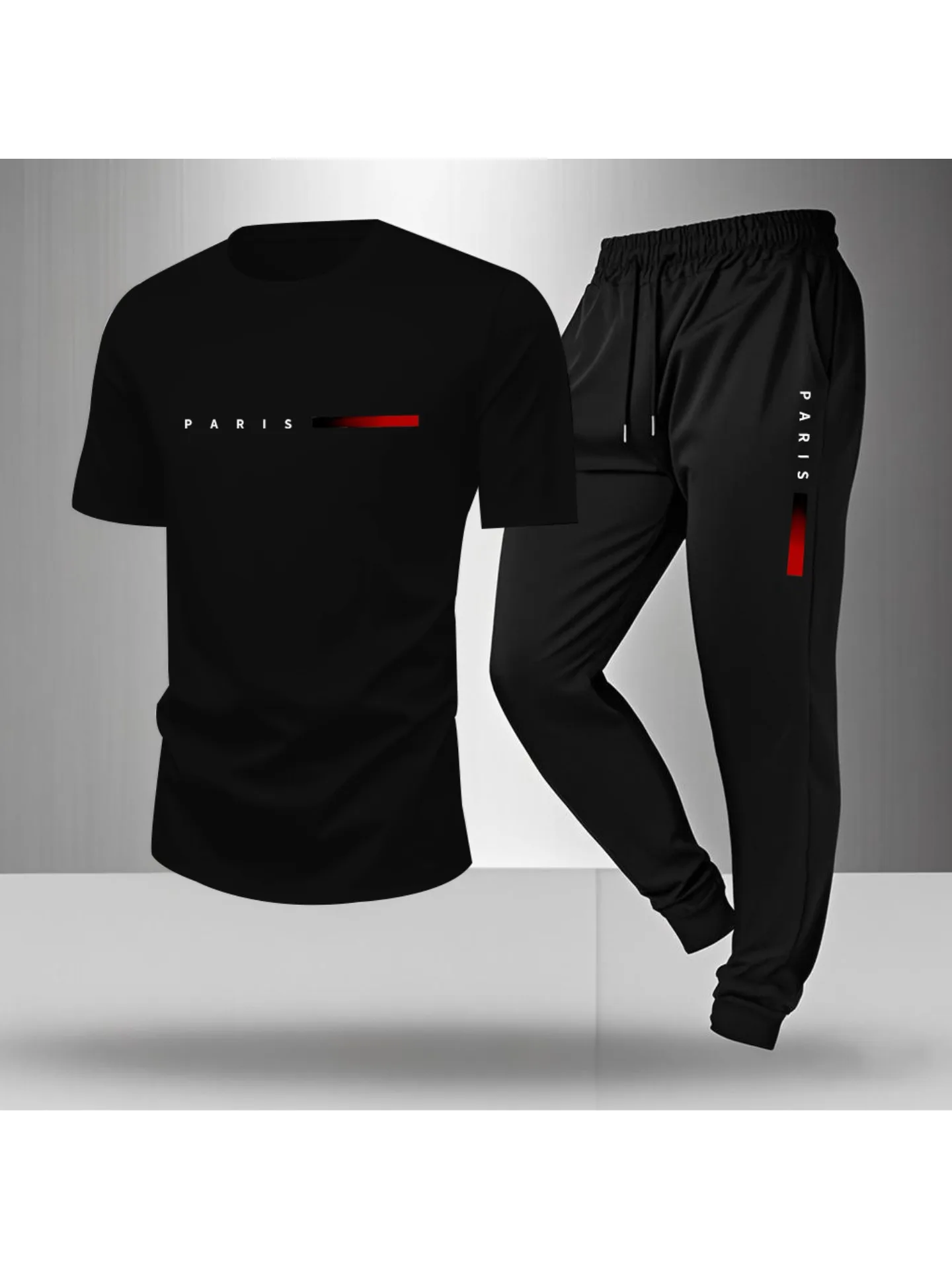 Spring/Summer Paris Letter Printed Round Neck Casual Comfortable Breathable T-shirt with Drawstring Outdoor Sports Pants Set