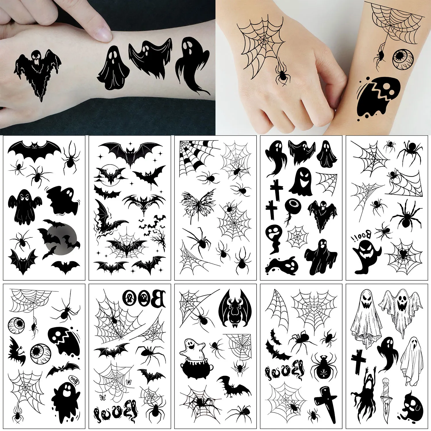 10 Sheets of 98 Halloween Black Bat, Spider, Spider Web, and Ghost Pattern Temporary Tattoo Stickers, Suitable for Party Temporary Makeup