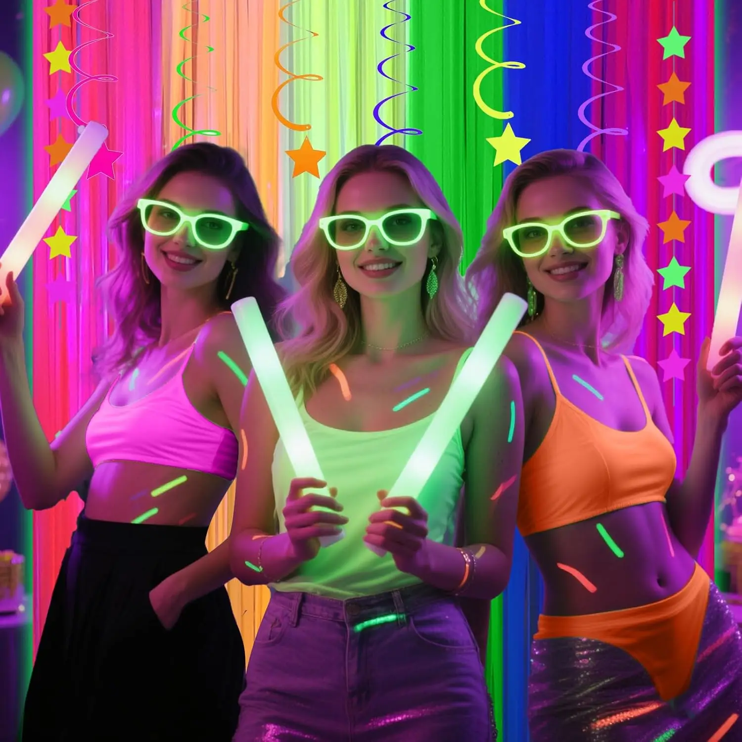 Im Dunkeln Leuchtender Folien-Fransenvorhang Regenbogen Schwarzlicht-Reaktiv Fluoreszierender Lametta-Hintergrund für Geburtstag Hochzeit Party Dekoration – Detail 3
