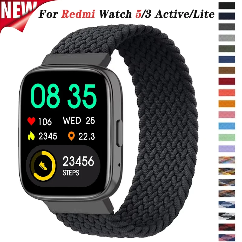 Nylon Braided Solo Loop Band for Redmi Watch 5/3 Lite Strap for Xiaomi Redmi Watch 5/3 Active Elastic Weave Bracelet Wristband