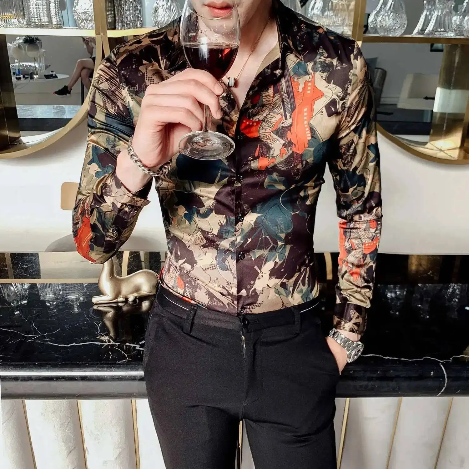 Camisa con estampado de hojas para hombre, camisa informal de flores, ajustada, de manga larga, con estampado Digital, para fiesta, a la moda, 4xl,