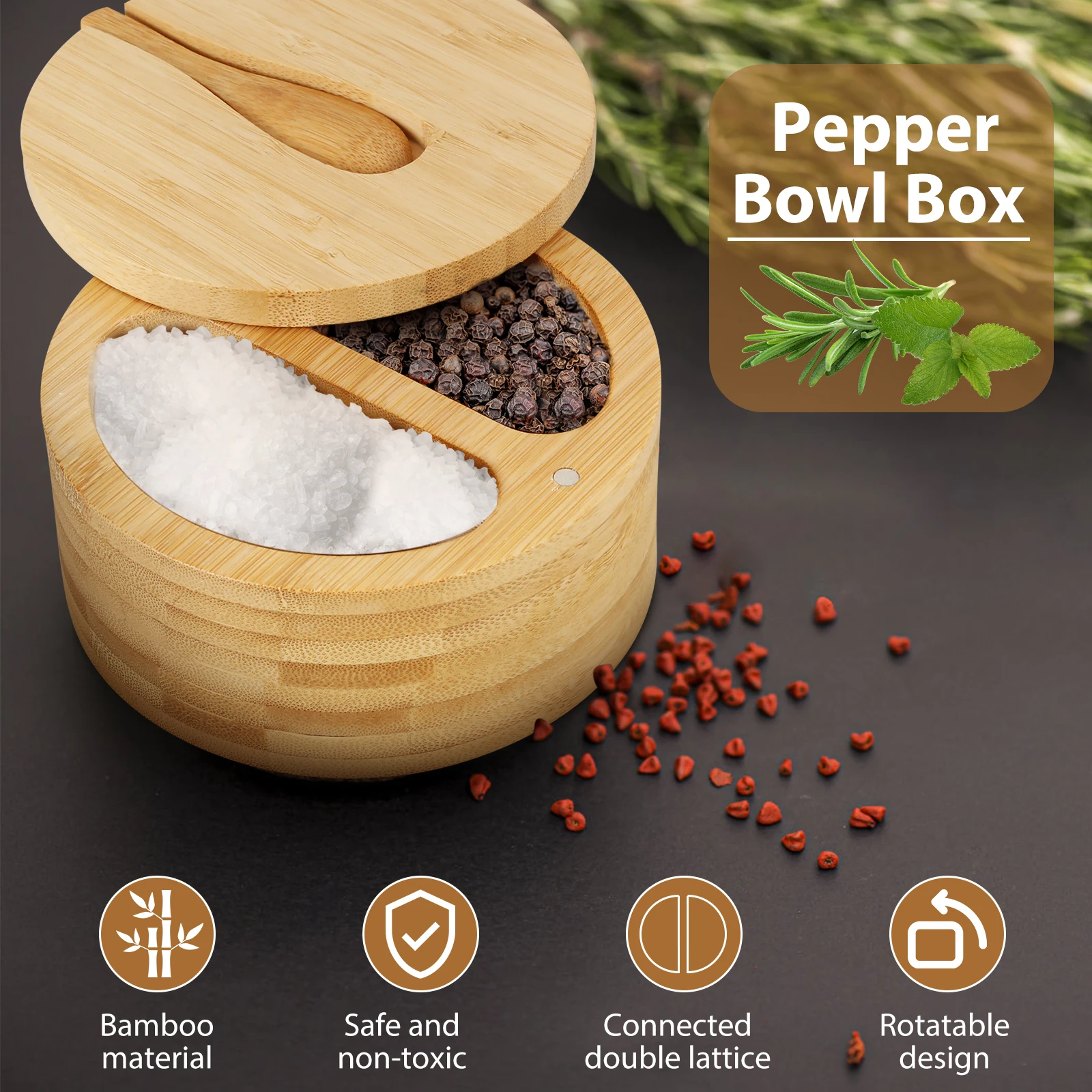 Salt and Pepper Bowls Bamboo Pepper Salt Box with Lid 2 Compartments Storage Box Multipurpose Seasoning Container for Spice