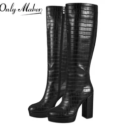 Onlymaker Women Round Toe Platform Knee High Boots Chunky Heel Boots With Side Zipper Concise Tall Modern Boots