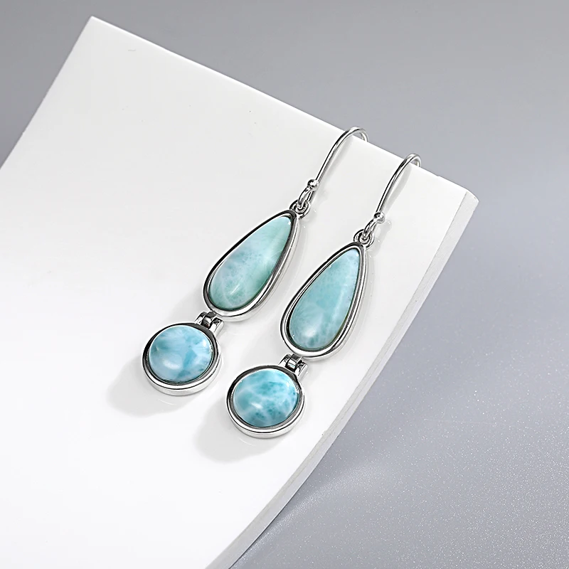 New Fashion Geometry aerodinamico lungo argento Sterling 925 gioielli ragazza preziosa naturale Larimar orecchini donna