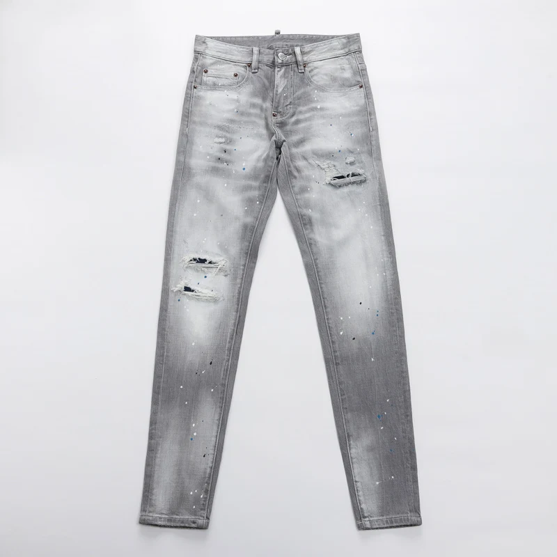 Fashionable new jeans, painted, washed, nostalgic, stretchy, slim fit, retro, light gray men's jeans, designer high street hip-h
