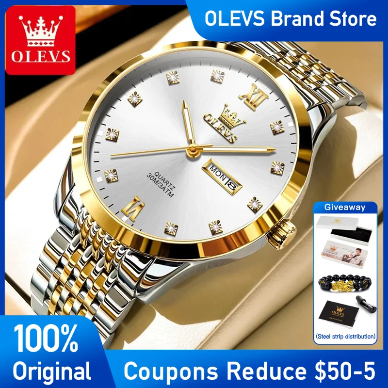 

OLEVS Mens Watch luxury Stainless steel Quartz Watch Waterproof Luminous Dual calendar Men's Wristwatch Top Brand Reloj