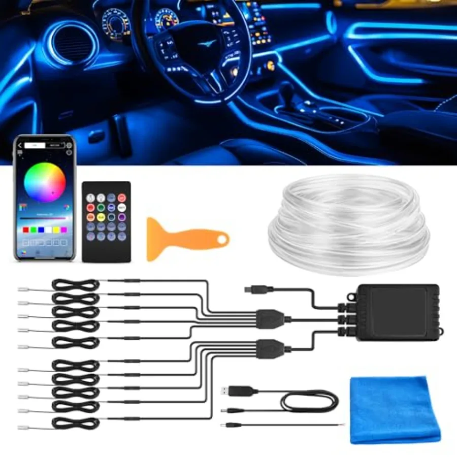 

【New model】Interior Car LED Strip Lights RGB 10-in-1 16 Million Colors Ambient Lighting Kit with 470 inches Fiber Optic Wireles