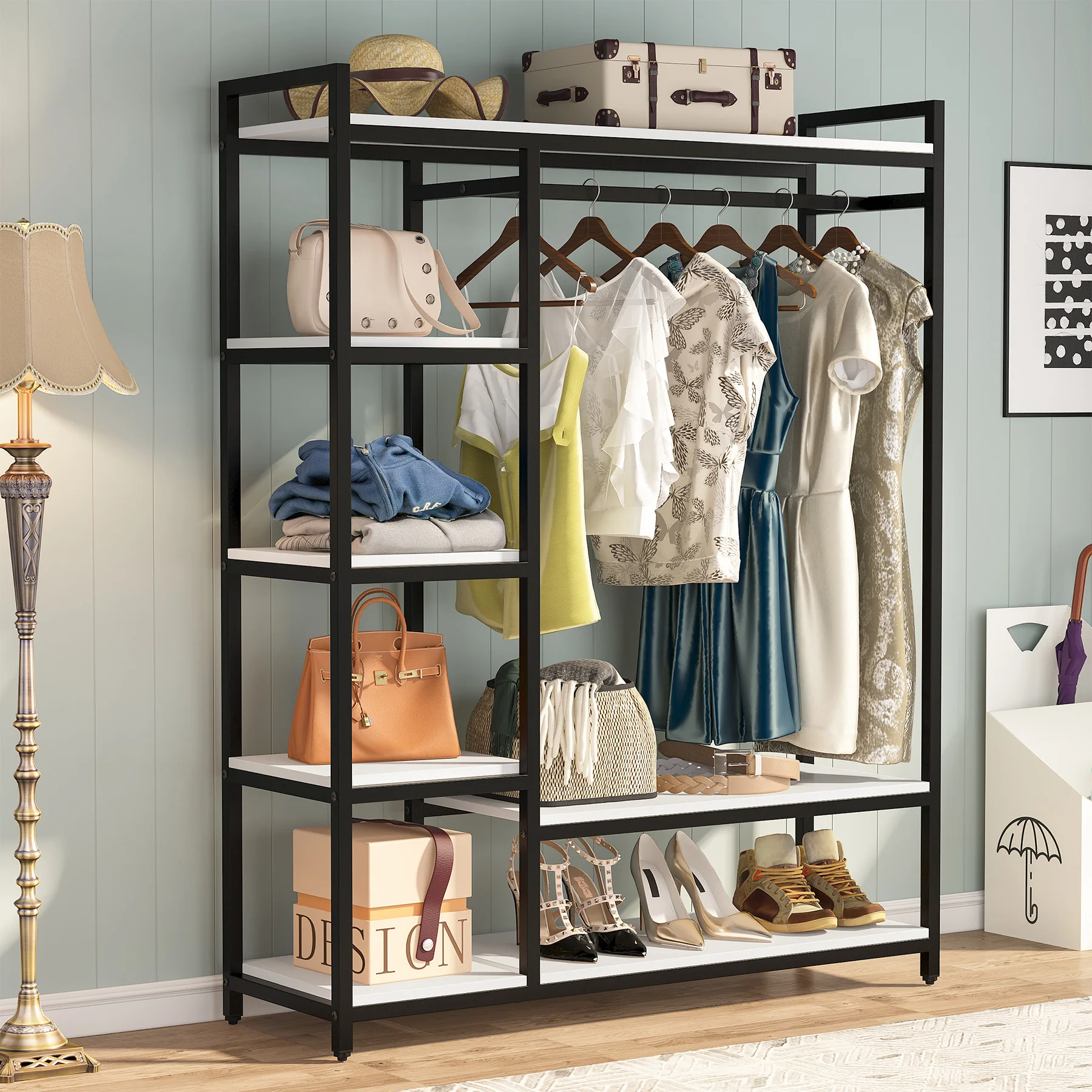 Tribesigns Free Standing Closet Organizer Large Standing Clothes Garment Rack With 6 Storage Shelves And Hanging Bar