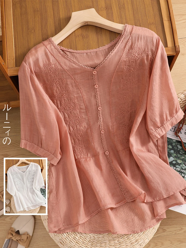 예술적인 버튼 장식 코튼 린넨 오르트 스웨이드 브이넥 불규칙한 밑단 순색 탑 여름 플러스 사이즈 여성용 셔츠