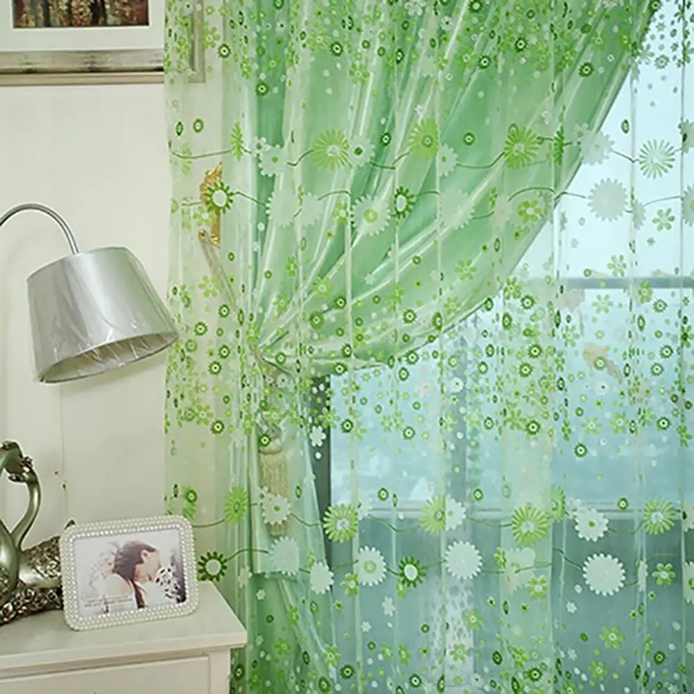 

Flower Tulle Curtains Bedroom Kids Room Decoration Floral Voile Sheer Curtains Pastoral Drape Panel Sheer Rod Through Curtain