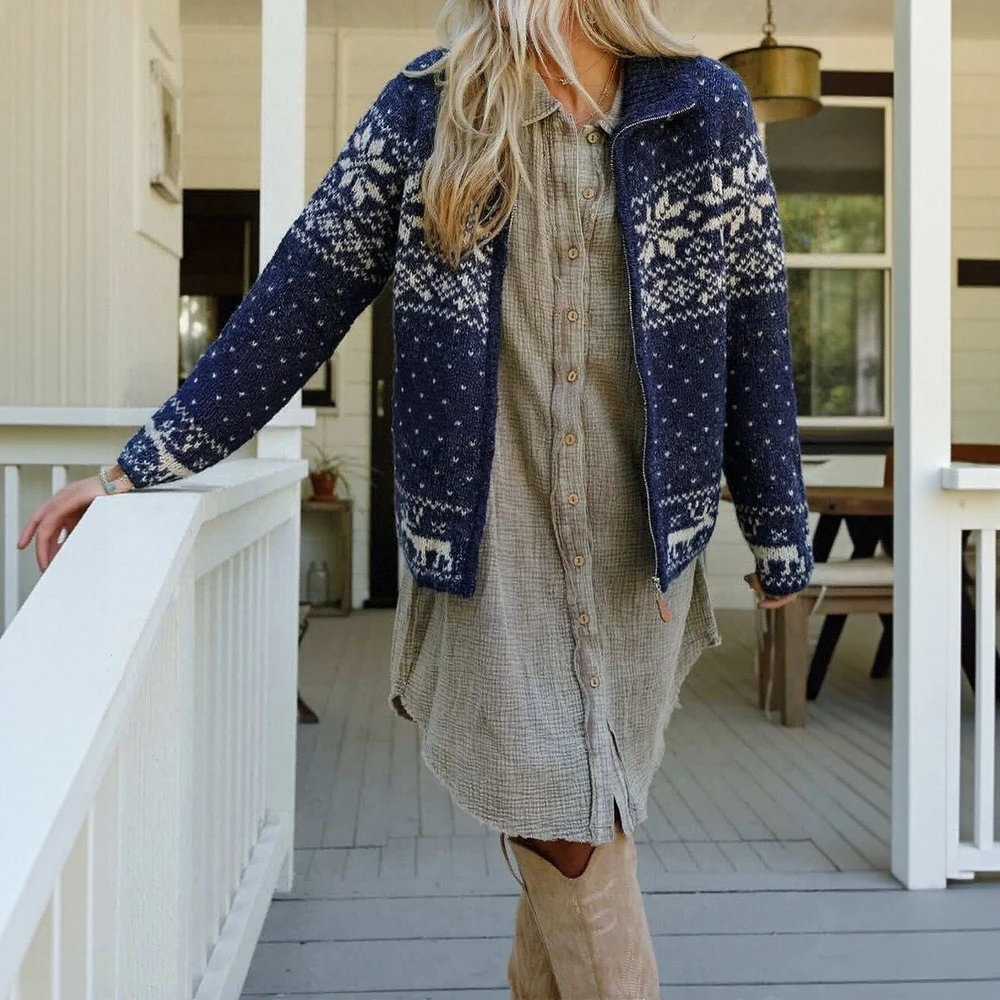 

Женский трикотаж с длинными рукавами, рождественский дизайн со снежинкой и лосем, осень-зима, модный европейско-американский стиль, молния средней длины