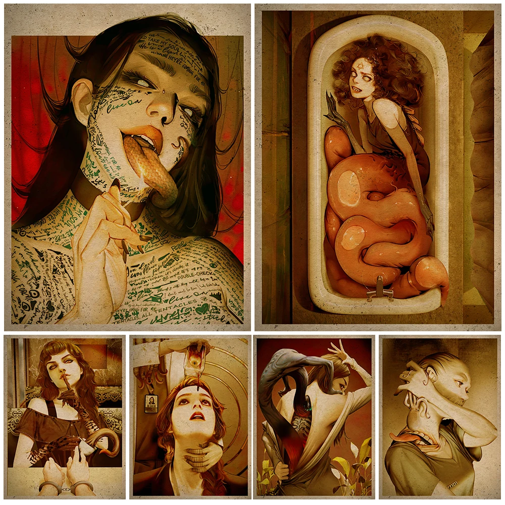 Terrible Mysterious Biological Invasion Vintage Wall Art Canvas Painting Surreal Species And Girls Art Poster And Print Decor