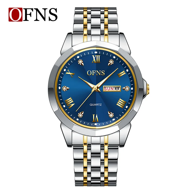 OFNS1502 luxury couple watch diamond cut diamond inlaid dial luminous waterproof dual calendar men's and women's quartz watch