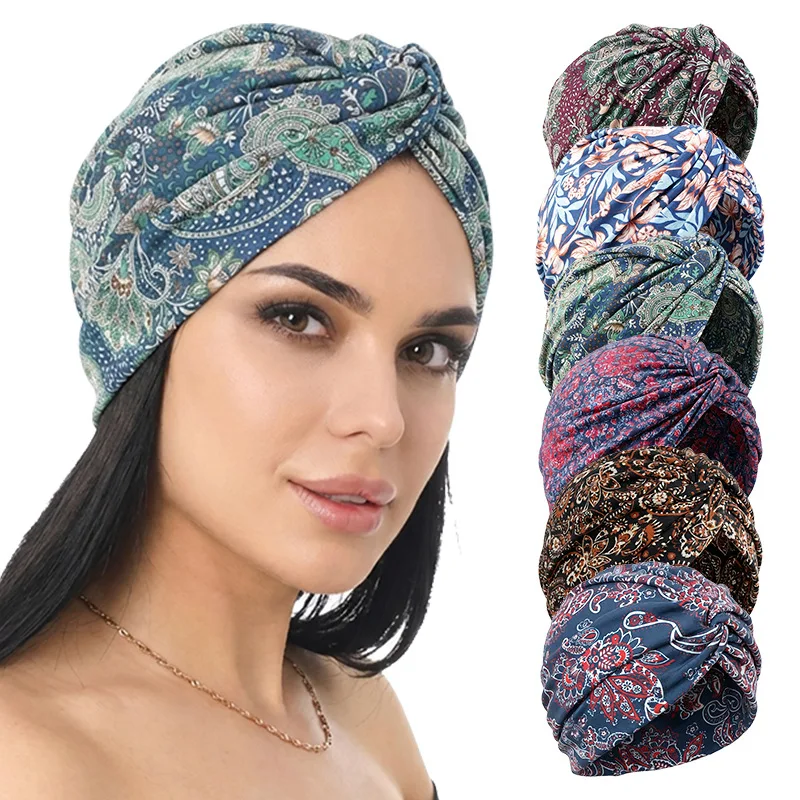 

New Women Cashew flower Printed Cross Twist Turban Cap Bonnet Headband African Head Wraps Ready To Wear HIjabs Chemo Cap