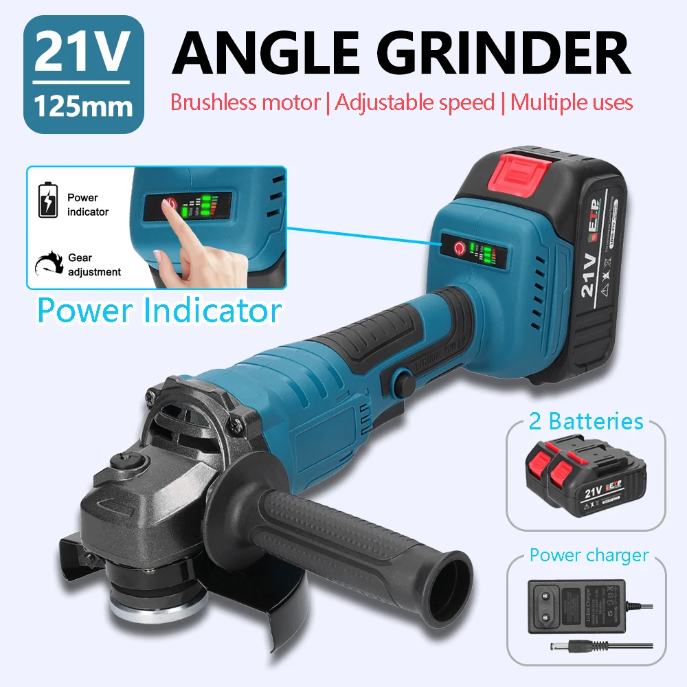 21V 125mm M14 Angle Grinder Brushless Motor Electric Grinding Tool Cutting Machine Utility Power Tool for Cutting Polishing Wood