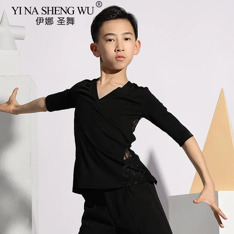 Camiseta de baile latino para hombre, ropa de actuación de competición profesional, Top hueco con espalda en blanco y negro, cómodo y transpirable