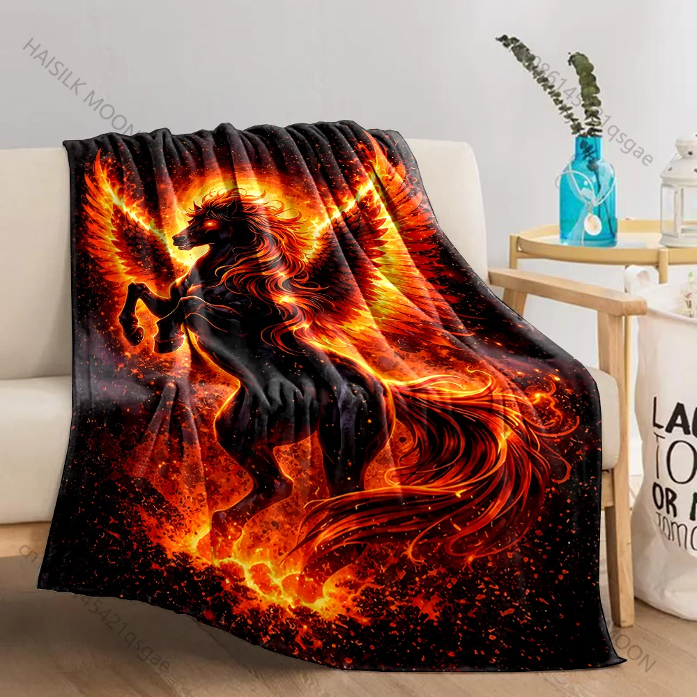 1PC Fiery winged black horse Print Blanket Warm Soft Fluffy Kids and Adult Sofa Bed Throw Blanket Outdoor Travel Camping RV