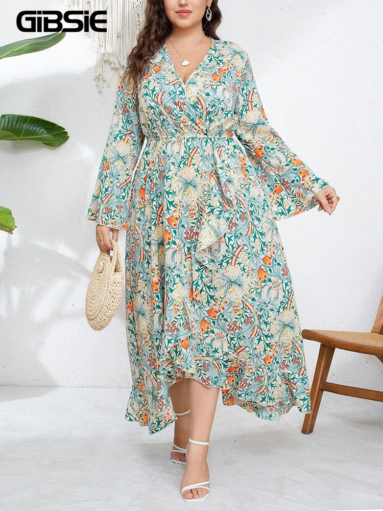 

GIBSIE Plus Size Floral Print V-Neck Long Sleeve Ruffle Dress Women Spring 2026 New Holiday Boho Beach Asymmetrical Long Dresses