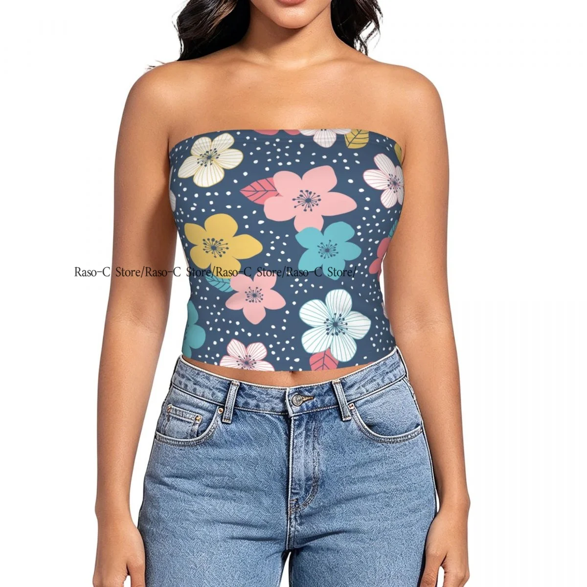 Strapless Sexy Tube Tops Summer Outfits Women Backless Shoulder Wrap Colorful Floral With Dots Female Crop Top