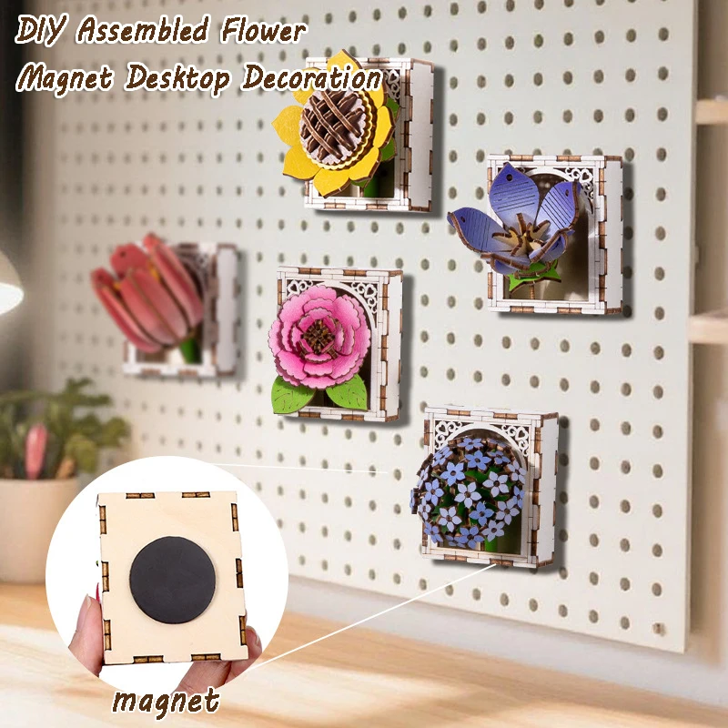 ثلاثية الأبعاد الزهور الألغاز الخشبية لعبة الإبداعية DIY بها بنفسك الزهور بناء المغناطيسي مغناطيس الثلاجة الكبار الحرف المواد مهرجان ديكور لعبة هدية #2