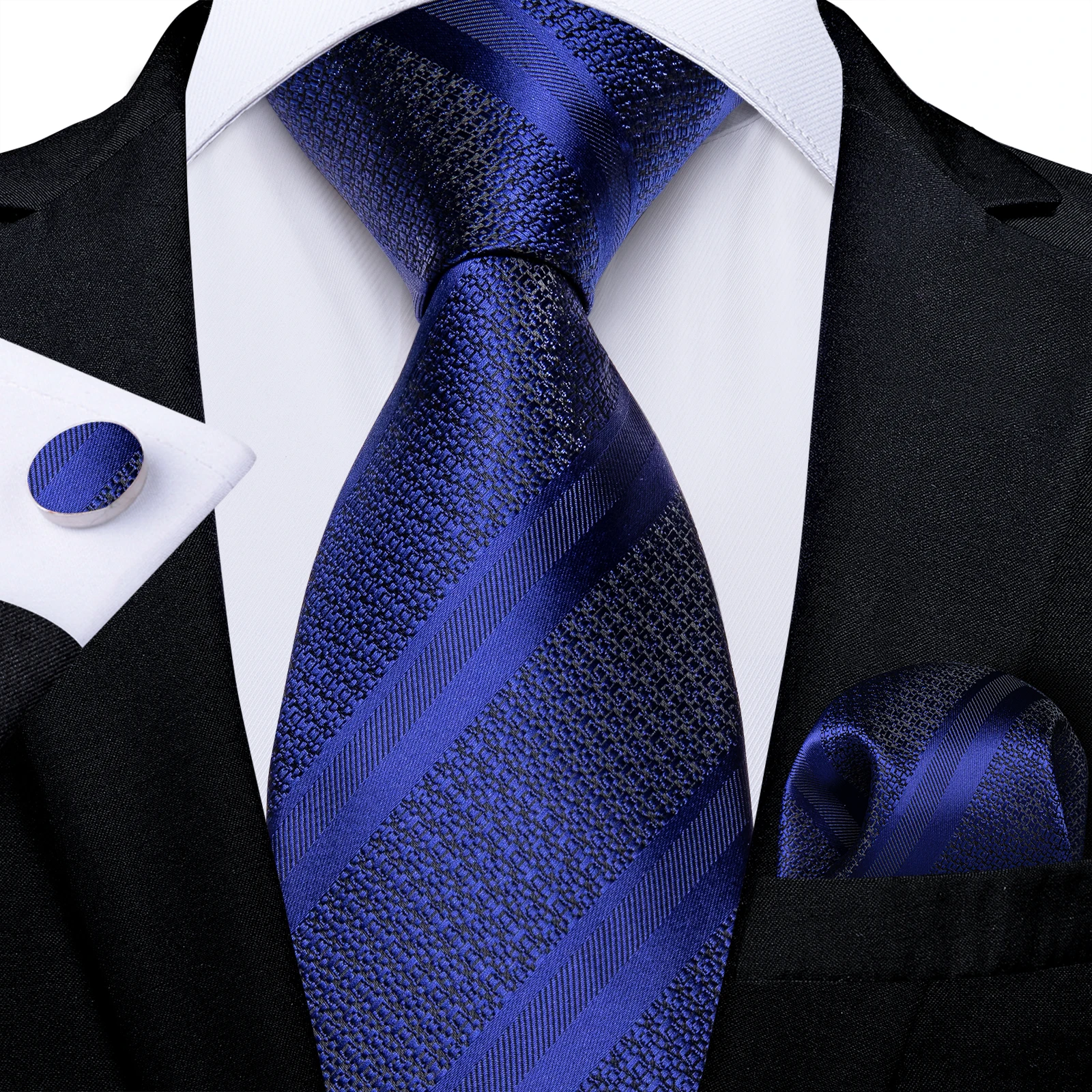 

Luxury Blue Striped Necktie for Man Business Party Fashion Jacquard Men's 8CM Silk Navy Tie with Pocket Square Cufflinks