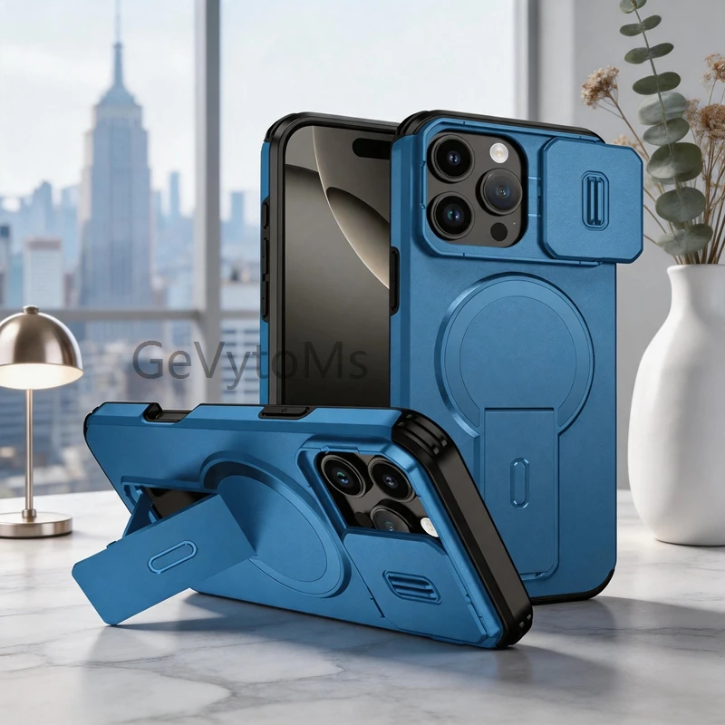 

Kickstand+Lens Cover For iPhone 17 Air 16 e 16e 15 14 Plus i Phone 13 Pro 12 mini 11 Pro Max Magnetic Car Holder Adsorbable Case
