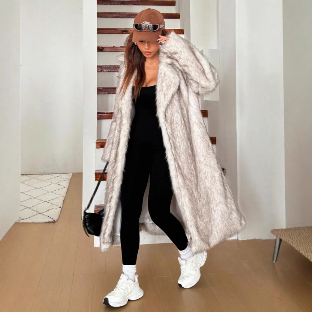 New Womens Long Shaggy Faux Fur Coat Notched Lapel Oversized Winter Overcoat for Streetwear Casual