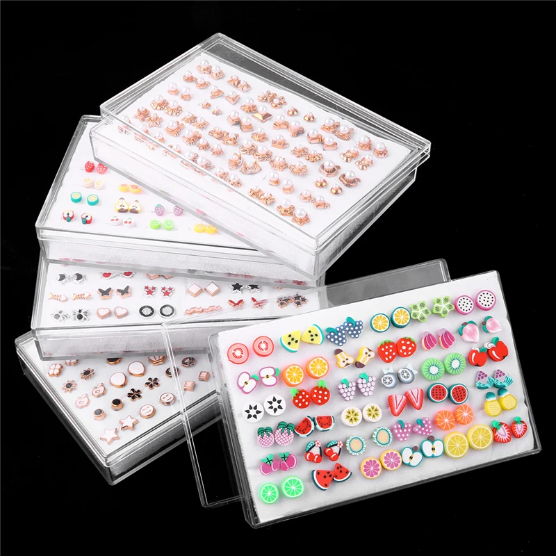 18/36Pairs Colorful Rhinestone Hollow Heart Star Flower Animal Mix Style Moon Crown Small Plastic Stud Earrings Set For Women