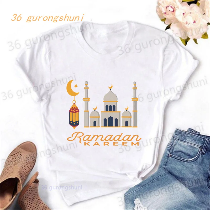 Girls tshirt Muslim Ramadan kareem Mubarak mosque graphic tee tops Eid al-Fitr Islam t shirt women clothes Ladies t-shirts