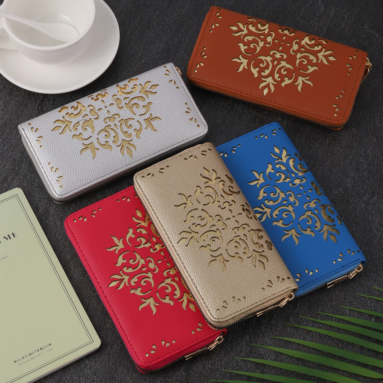 New Lychee Vintage Hollow Wallet Unisex Versatile PU Coin Purse Multifunctional Large Capacity Cutout Pattern Long Wallet