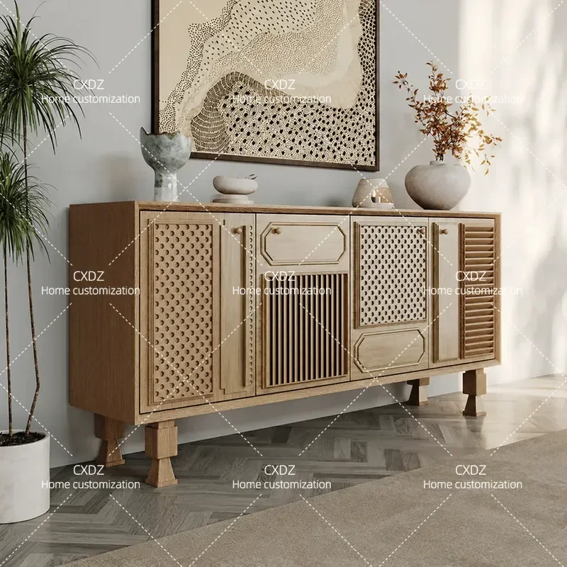 Rural Solid Wood Carved Dining Side Cabinet Small Apartment Creative Storage Cupboard Wabi Sabi Style Entrance Cabinet