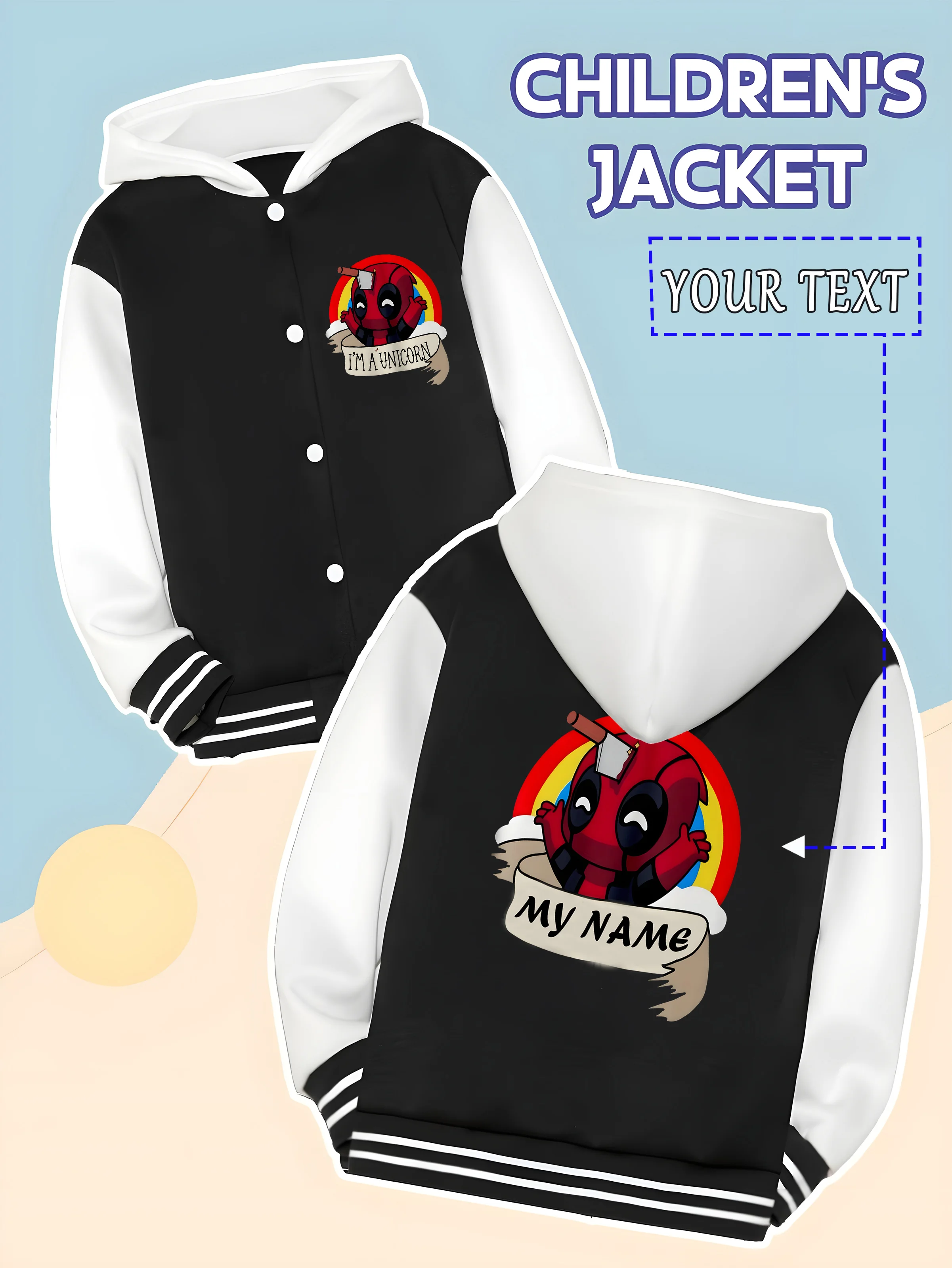 

MINISO Marvel Boys Baseball Jacket - Deadpool Rainbow Funny Pattern, Unique and Fun, Super Cool for Birthday Parties and Fashion