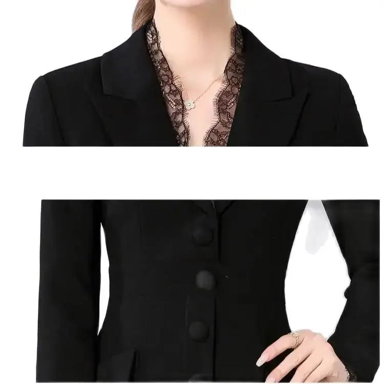 Elegant Autumn Black Blazer Dress Women Notched V-Neck Single-Breasted Long Sleeve lace Trims Bodycon Dress Office Lady Formal