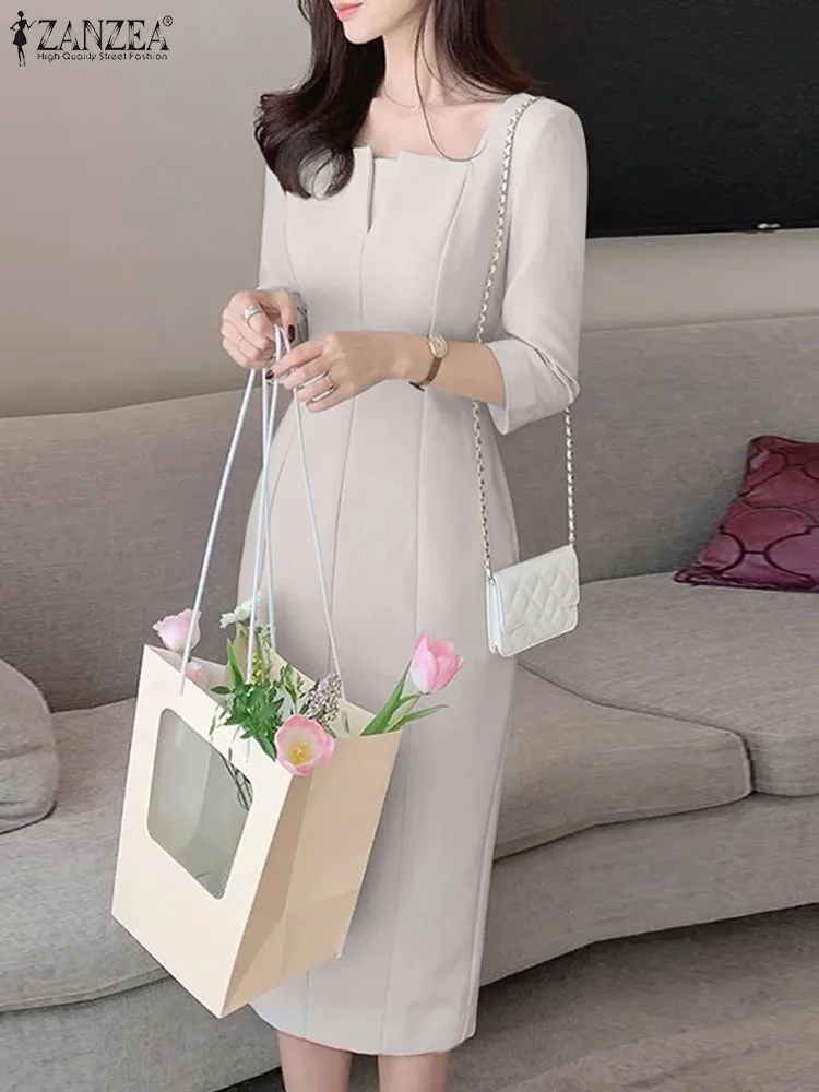 Zanzea 2024 Sommer quadratischen Hals 3/4 Ärmel ol Arbeit Sommerkleid elegante Frauen solide Midi Kleid Mode Büro Party Bodycon Vestido