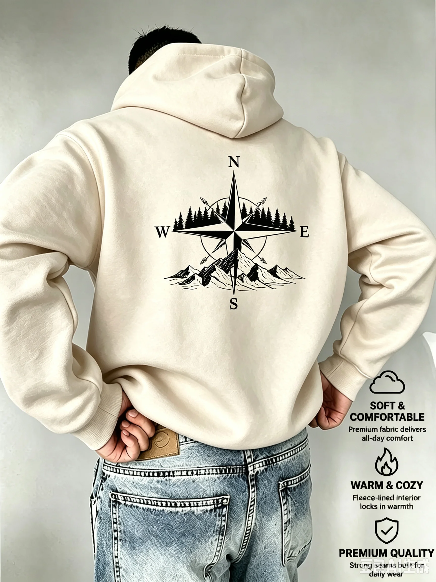 Men's Snowcypress Tree White Simple Compass Lines Art Double-Sided Printed European Autumn-Winter Outdoor Leisure Sweatshirt